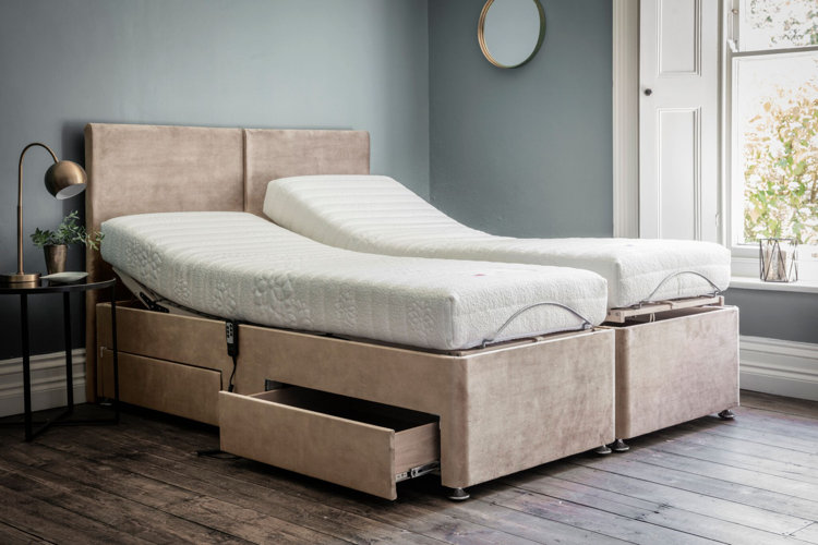 split queen adjustable bed with a wood-look frame