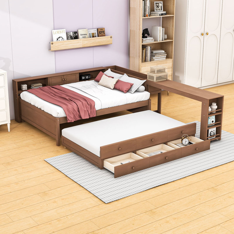 Three Drawers Wooden Daybed with Desk, Trundle and Storage Shelves, Full/Double, Vintage Brown
