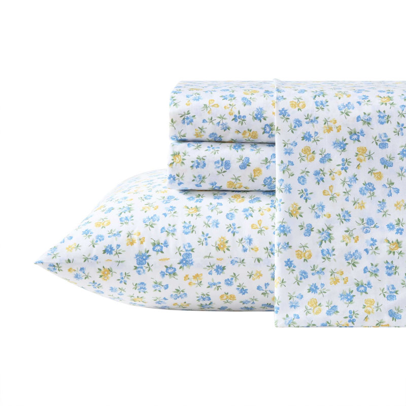 Laura Ashley Breezy Floral Cotton Reversible Quilt Set, Twin XL Sheet Set with 1 Standard Pillowcase, Ditsy Doodle Blue