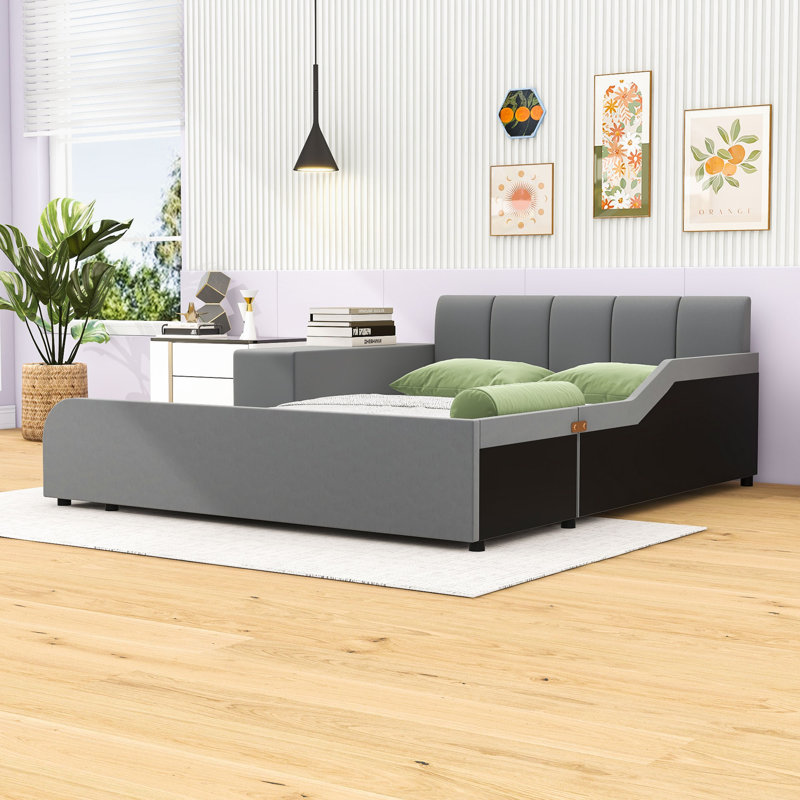 Stelijana Upholstered Grounded Bed with Bedside Desk and Little Round Stool, Full, Gray