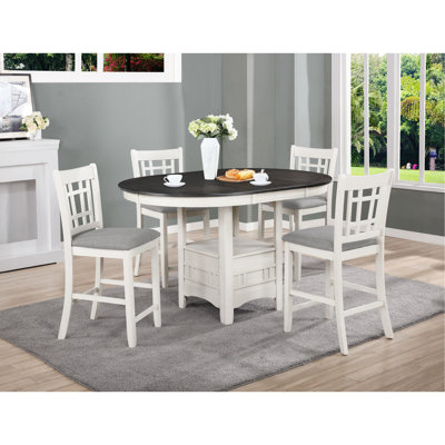 Table de salle à manger ovale décontractée, hauteur comptoir, extensible avec rangement, couleur gris craie, pouvant accueillir 4 personnes, avec une rallonge de 45,7 cm (18 po), finition bicolore grise.