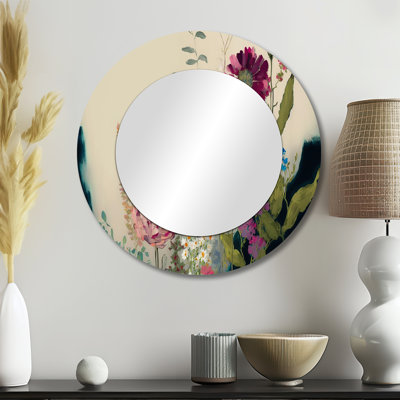 «Shamecia Painted Blossoming Wildflowers I», miroir mural décoratif floral, grand miroir rond crème, impression d'art en métal
