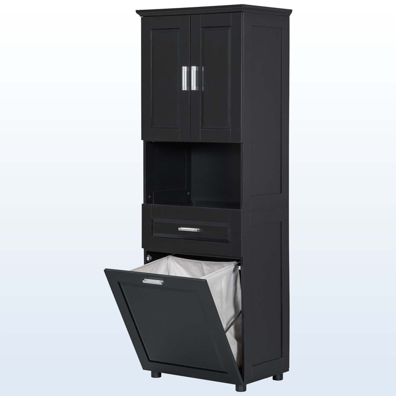 Large Storage Space Tilt-Out Laundry Hamper and Upper Storage Cabinet, Black