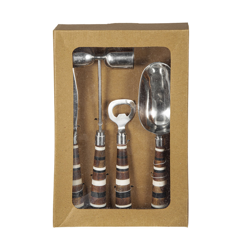 4pcs Barware Tools Set In Open Face Box, Multicolor Steel Bar Tools With Wooden Handle For Home Bar