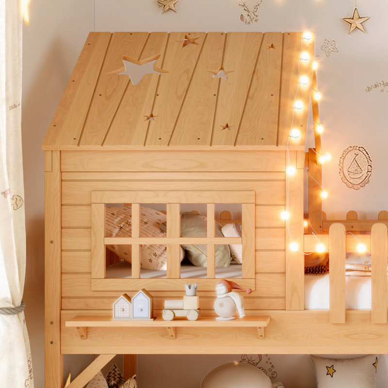House Loft Bed for Kids with Slide, Star & Moon LED Playhouse Design, Window, No Box Spring Needed, Lit simple, Naturel