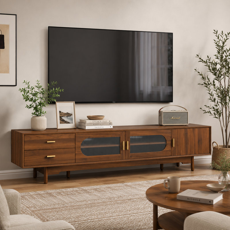 Meuble télé 78,8 po avec armoires de rangement et portes en verre Mid-Century