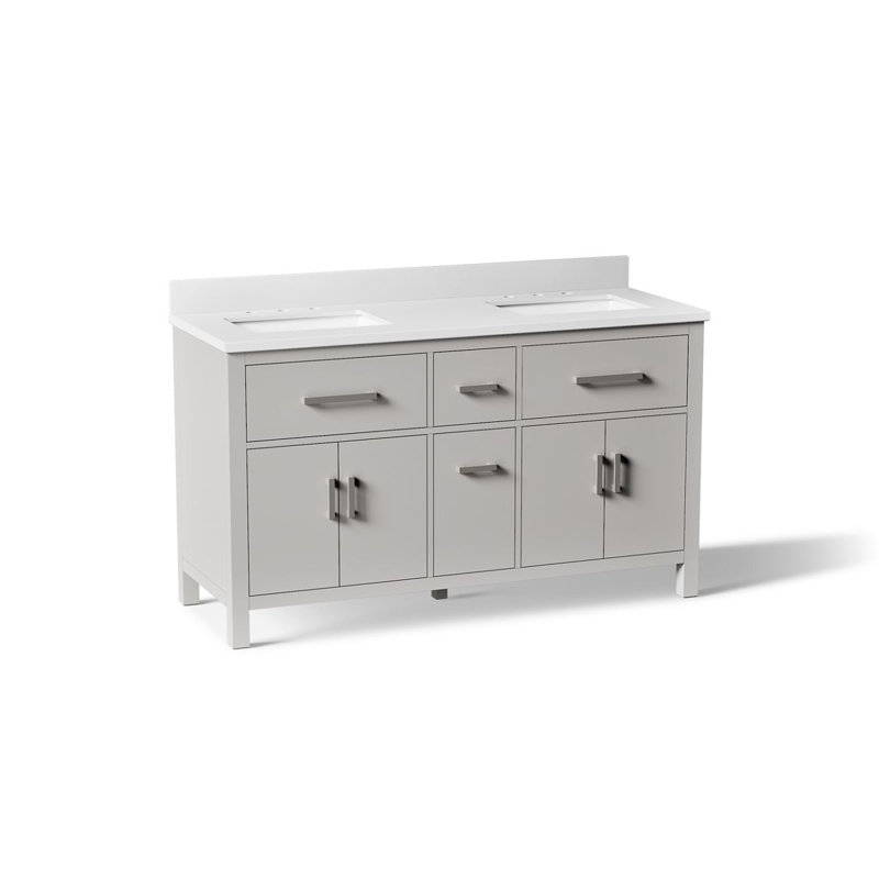 Kresla Bathroom Vanity Cabinet With Sinks And Quartz Top, Atmos Gray, Brushed Nickel, 60"