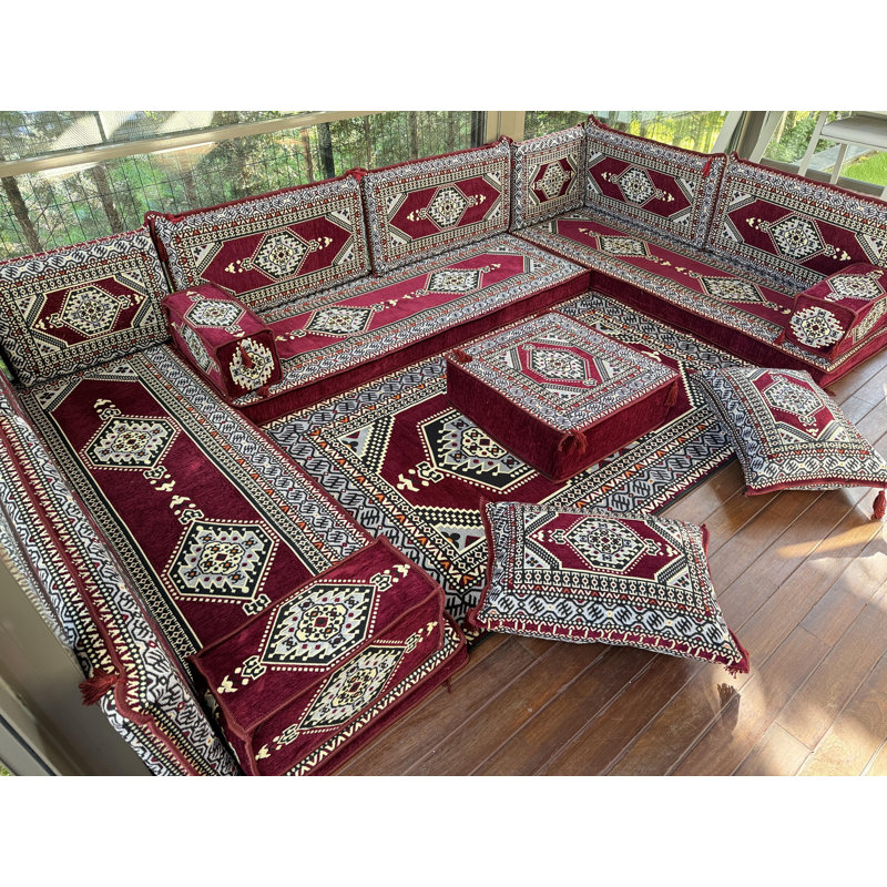 Canapé modulaire avec coussins Ethnique Kilim, Rouge vin