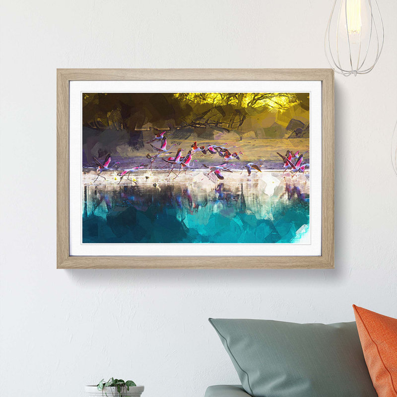 Flamingos Taking Flight in Abstract - Picture Frame Graphic Art Print, Oak Framed, 36cm H x 48cm W x 2cm D