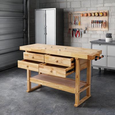 Warm Natural Solid Wood Workbench with 4 Drawers, 60-Inch, for Garage Workshop DIY Projects