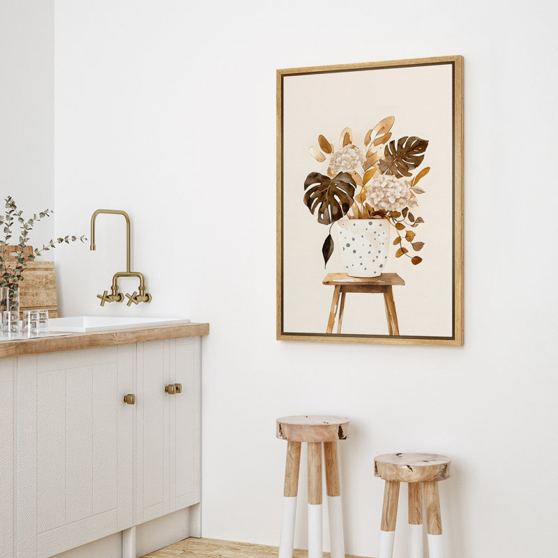 «Hydrangea And Monstera Rustic Neutral Brown», impression sur toile encadrée, Naturel, H 36 po x l 24 po