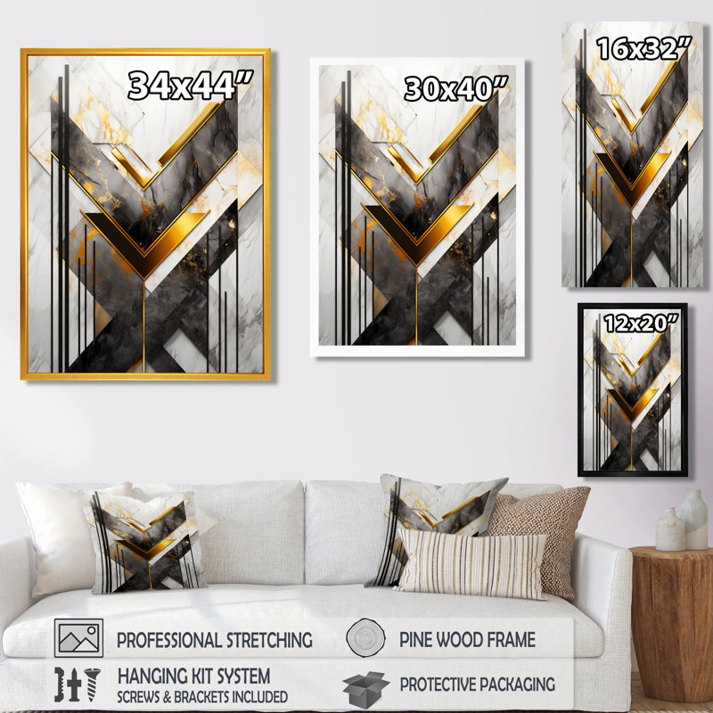 Golden Triangular Chevron - Geometric Wall Art, 20" H x 12" W x 1" D, Black Floater Framed Canvas
