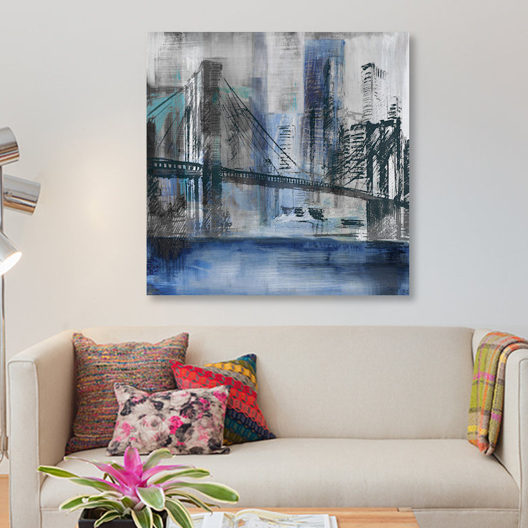 «Brooklyn Bridge», impression sur toile, H 26 po x l 26 po x P 1,5 po, Papier d'art encadré noir, Pas de tapis