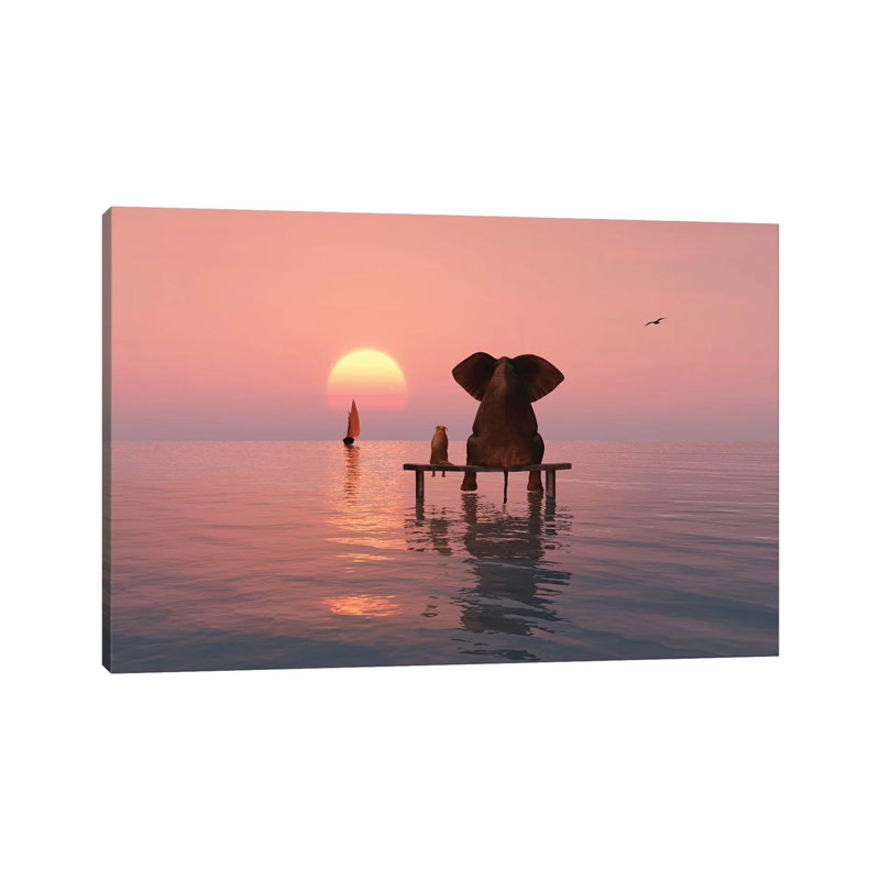 Elephant And Dog Sitting In The Sea by Mike Kiev - Wrapped Canvas Print, 66.04 cm H x 45.72 cm W x 1.91 cm D, Wrapped Canvas