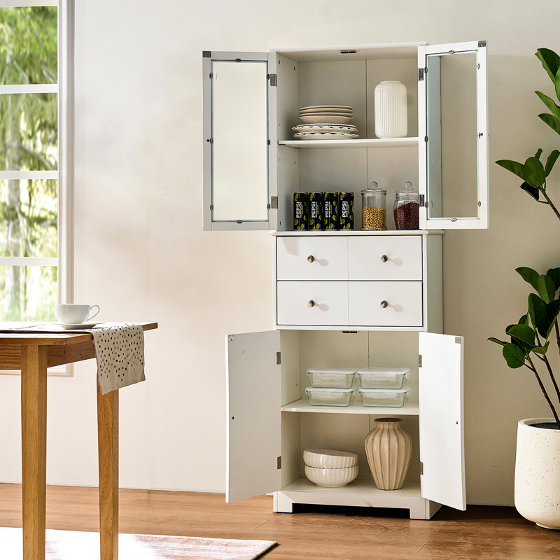 White Kitchen Storage With Two Glass Doors, Adjustable Shelf, And Drawers - 11.8" Wide, 23.6" Deep, 67" High, Tall Pantry Shelf Ideal For Storing Gluten Ingredients | Assembly Guide