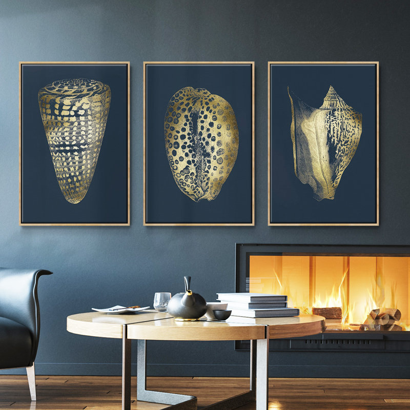 Ensemble de 3 pièces encadrées sur toile, feuille d'or I sur cobalt, H 36 po x l 72 po, Cadre en bois naturel