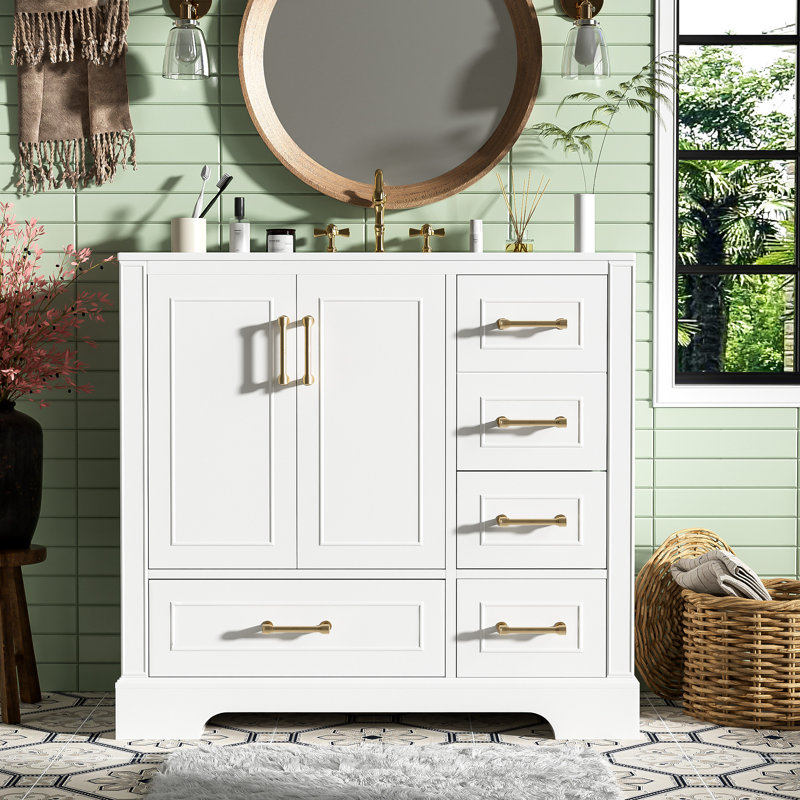 Meuble-lavabo simple 36 po avec lavabo en céramique, Blanc, Doré