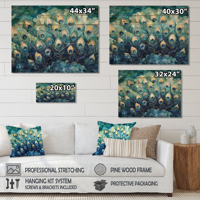 Collage de plumes de paon bleu et vert III - Art mural en bois oiseau - sur bois de pin naturel, H 10 po x l 20 po