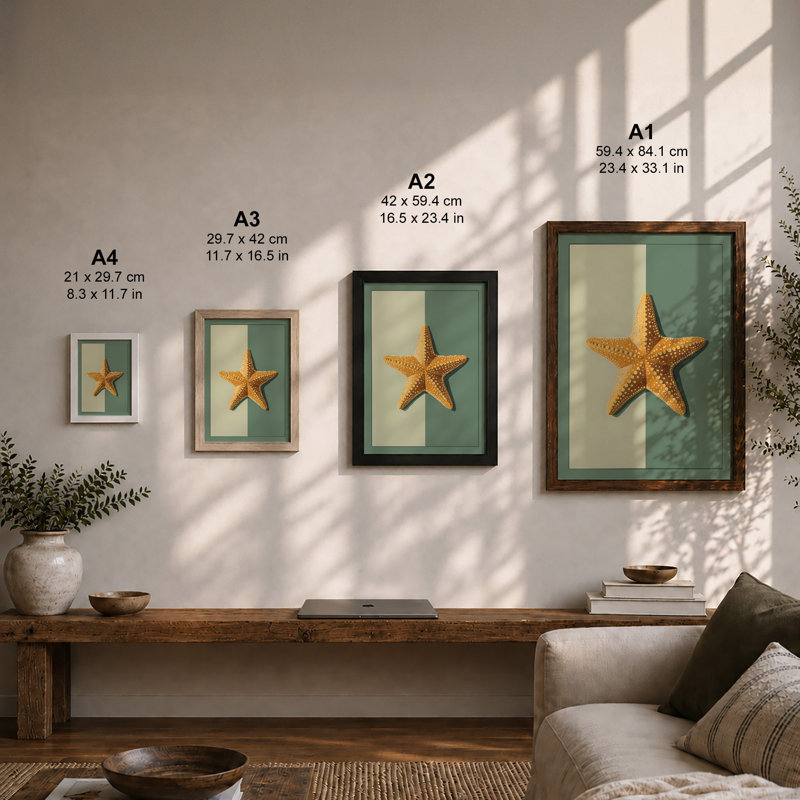 Golden Starfish Coastal - Framed Print, A4 - 29.7 x 21.0 cm, Walnut