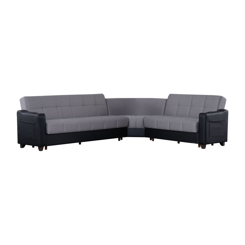 Canapé modulaire Lindsey beige avec similicuir chocolat, Tissu gris clair / similicuir noir