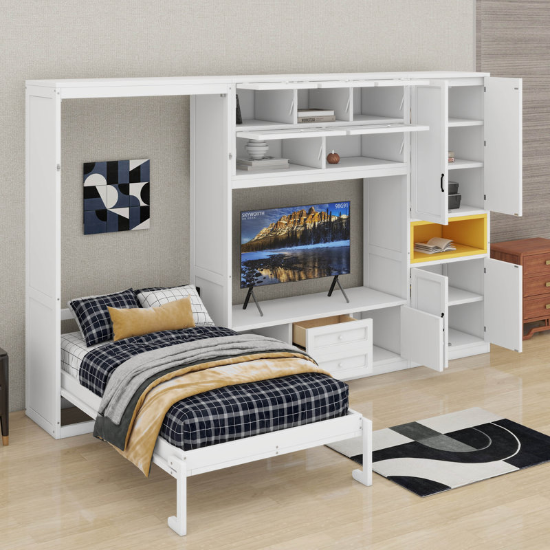 Lit escamotable simple avec meuble télé intégré et 2 tiroirs de rangement, lits escamotables en bois avec tablettes et armoires