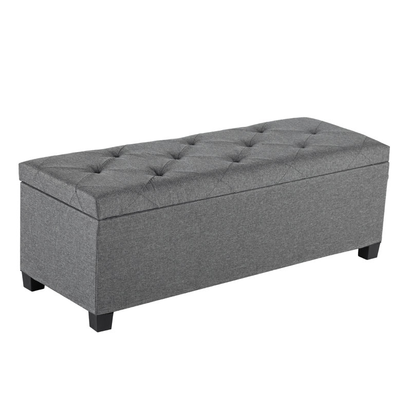43.3" Tufted Storage Ottoman with Iron Frame, Faux Linen Bed End Bench with Metal Corner Protection, Dark Gray