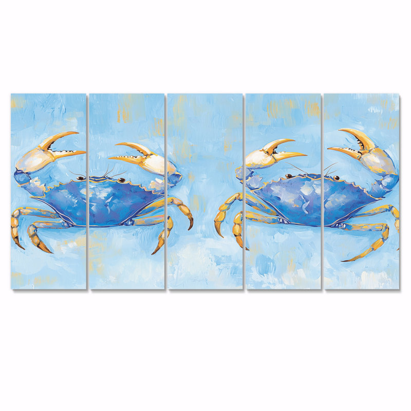 Blue Yellow Coastal Crab Battle - Animals Wall Art Print Set, 28" H x 60" W
