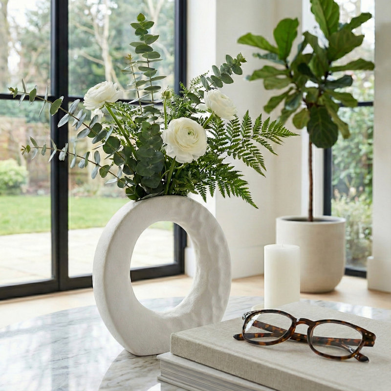 Sculptural Ceramic Textured Table Vase for Home Decor - Modern Open Cutout Flower Vase for Shelf and Living Room Accent - White