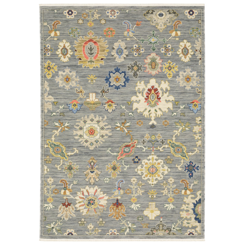 Oriental Machine Woven Gray /Beige Wool and Nylon Blend Area Rug, Rectangle 6'7" x 9'6"