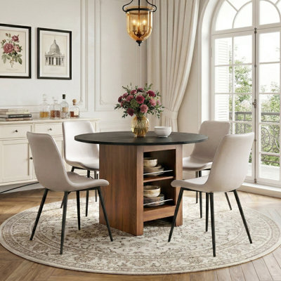 Ensemble de salle à manger 42 "rond avec base de rangement à 2 niveaux, table de cuisine bicolore et chaises, table en bois manufacturé avec chaises en similicuir