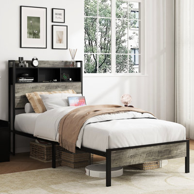 Single Bed Frame With Head Storage And A Mid - Point Charging Station, Gray Wood Material, Metal & Blend, Quick To Put Together In Bedroom At Of Spot, Assemble