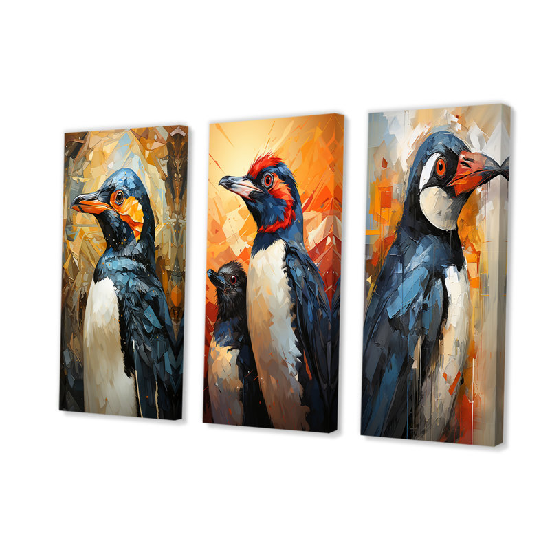 «Curious Penguins Snowy Wonders» - ensemble de 3 reproductions d'art sur toile, H 28 po x l 36 po, Toile tendue