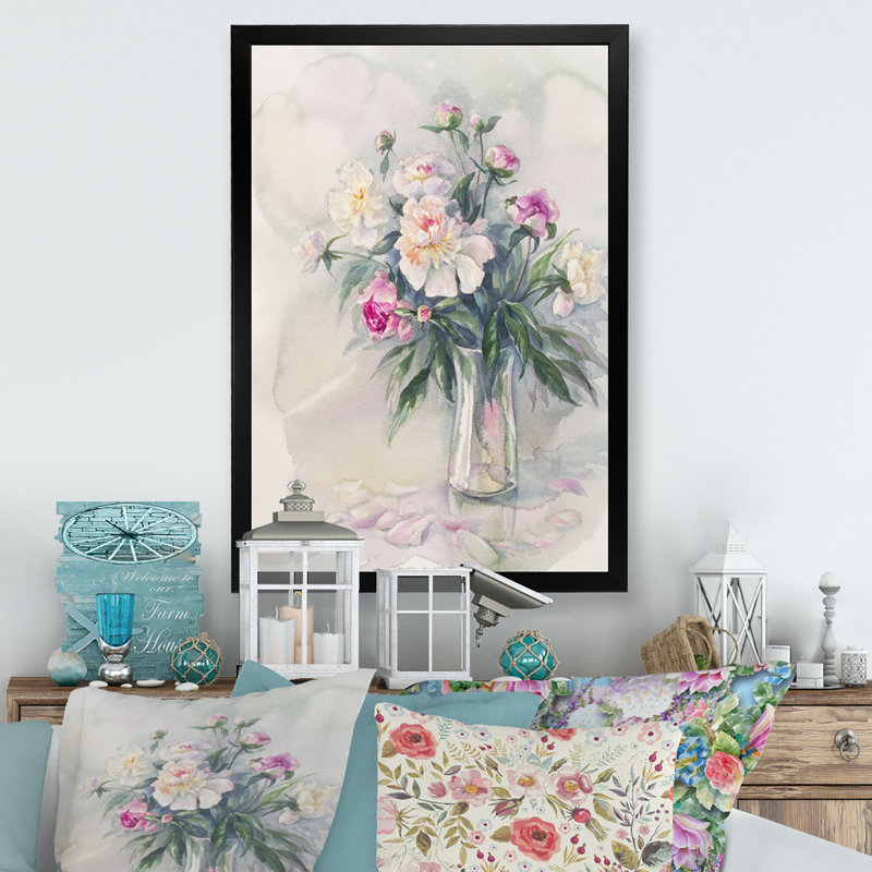 Bouquet abstrait de pivoines blanches II - reproduction d'art sur toile, Cadre photo noir, H 20 po x l 12 po x P 1 po