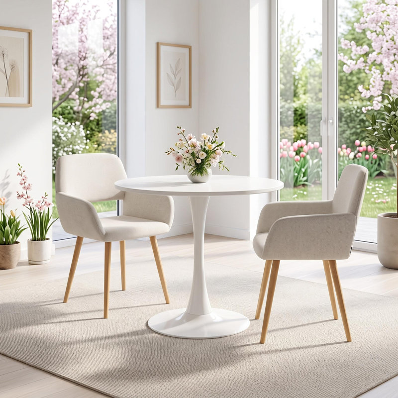 3-Piece Modern Round Dining Table Set With Upholstered Armchairs, Mid-Century Kitchen & Dining Furniture, Beige/White