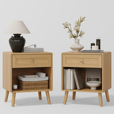 Ensemble de 2 tables de chevet en grain de bois naturel avec coins arrondis et tiroir encadré