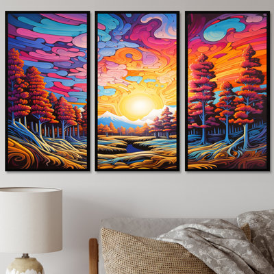 Ensemble de salon majestueux rose jaune coucher de soleil automne forêt - art mural forêt