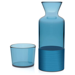 Aqua Handblown Recycled Glass Carafe and Cup Set (Pair), 'Delicate Aqua