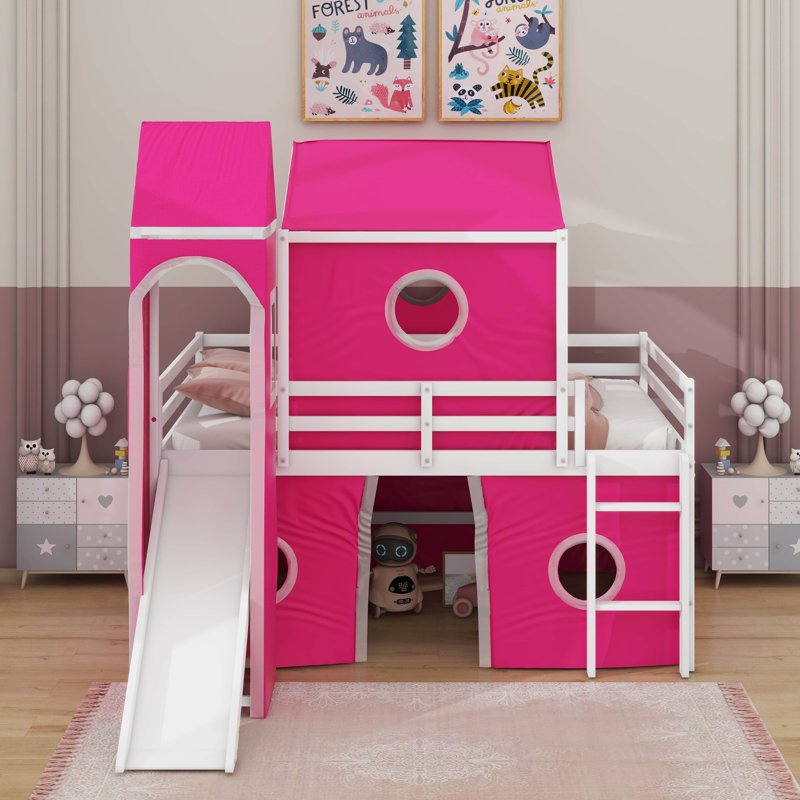 Lit mezzanine double avec tente et tour rose