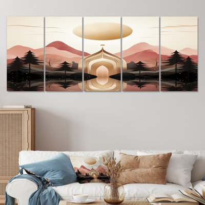 Portail de montagne Golden Moon Forest - paysage abstrait, art mural 5 pièces