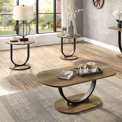 Table basse de style industriel 3 pièces Chêne rustique et finition sable noir Base en U en acier 1 table basse ovale 2 tables de bout rondes
