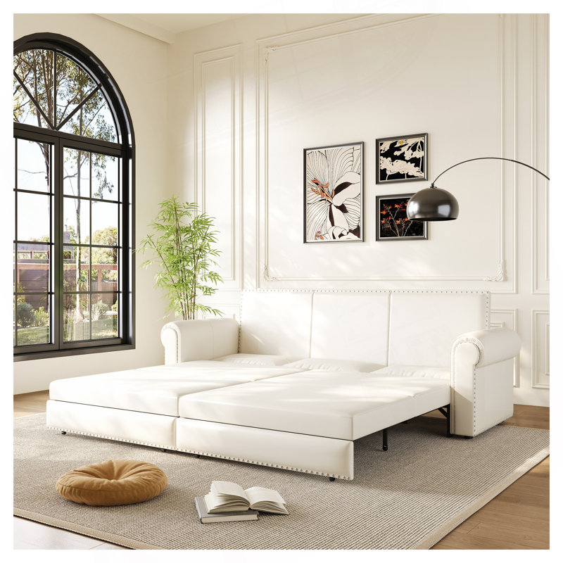 Faux Leather Convertible Sleeper Sofa with Nailhead Trim & Rolled Arm,Pull Out Sofa Bed, White