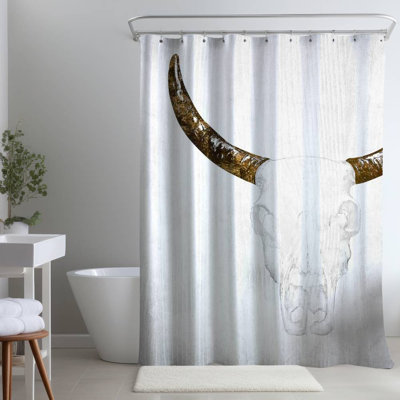 White Bull Skull – Animal Home Decor, Bedroom – Polyester Shower Curtain, Dye Sublimation Print, 71" W × 74" L