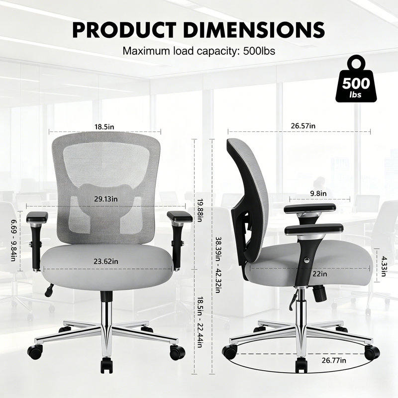 Fauteuil de bureau ergonomique robuste et grand, capacité de 500 lb, chaise de bureau à haut dossier en filet avec support lombaire