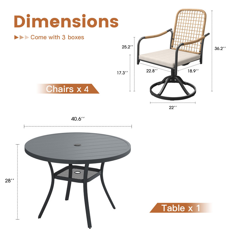 Ensemble repas d'extérieur 40,6 po pour 4 personnes avec chaises pivotantes en rotin, Gris