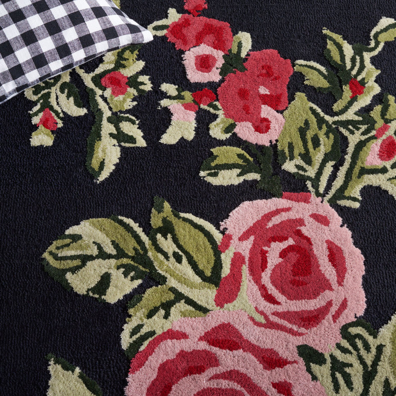 Handmade Black and Pink Wool Floral Tufted Rug 4' x 6'