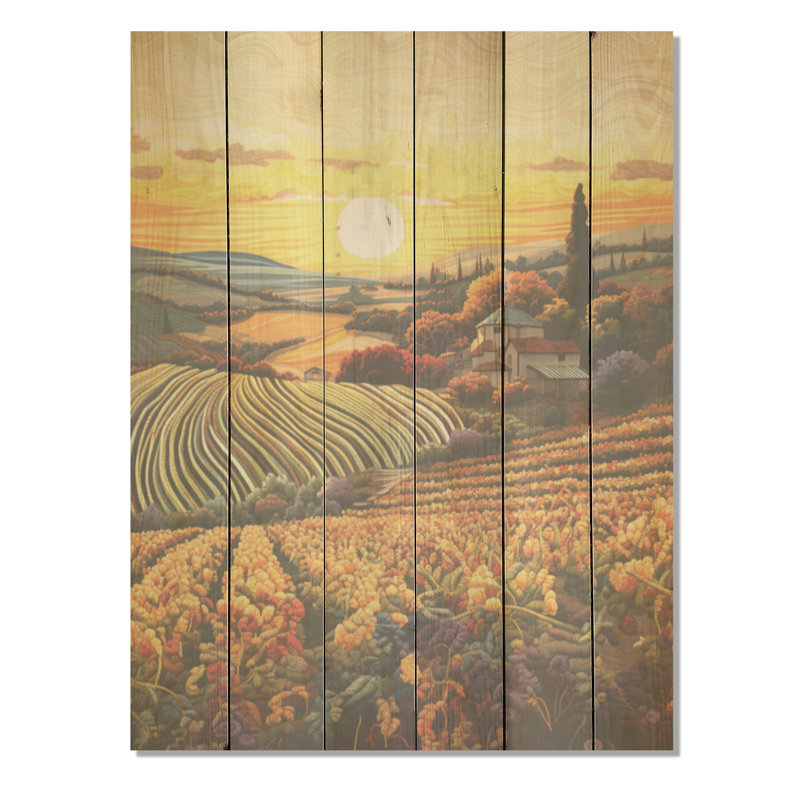 Vineyard Sunset I - Vineyard, panneau mural en bois sur bois de pin naturel, H 20 po x l 10 po