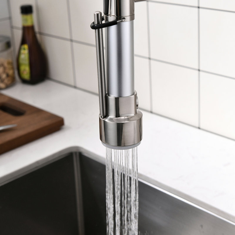 Robinet de cuisine rétractable en nickel brossé, poids de 6,85 lb, rotation de 360 degrés, chaud et froid, acier inoxydable rétractable, profondeur 23,67, poignée simple, style contemporain