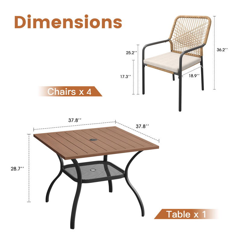 Ensemble de salle à manger de patio carré avec chaises rembourrées empilables en rotin, Brun bois brossé