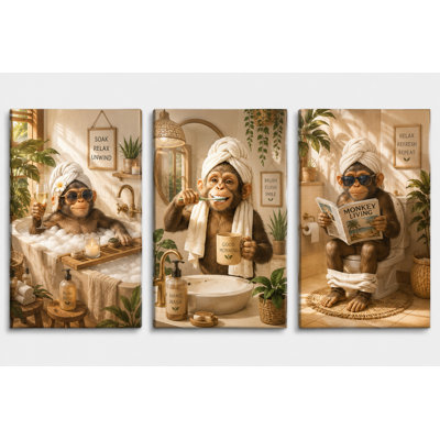 Large Set of 3 Monkey Bathroom Wall Art Canvas Prints, Tropical Animal Spa Decor for Funny Bathroom 16x24 Inch Canvas Print - Ready to hang