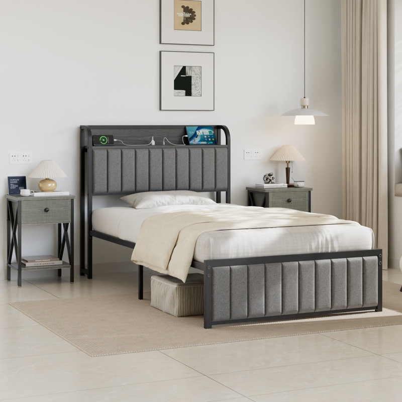 3 Piece Bedroom Furniture Set, Grey Linen Upholstered Platform Bed Frame with Charging Station, Modern Storage Headboard Bed and 2 Nightstands Set, Bedroom Furniture Set, No Box Spring Needed